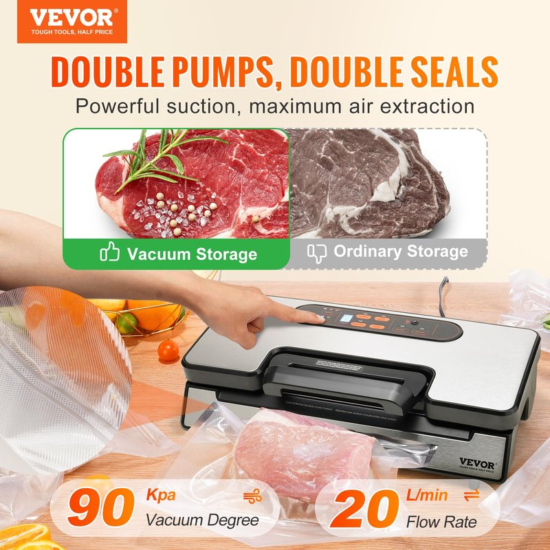 VEVOR Vacuum Sealer Machine, 80Kpa 120W Powerful Compact Food Sealer, 7-in-1 Multi-Functional Food Vacuum Sealer, Automatic Air Sealing System with Built-in Cutter with 10 Vacuum Bags & 1 Bag Roll