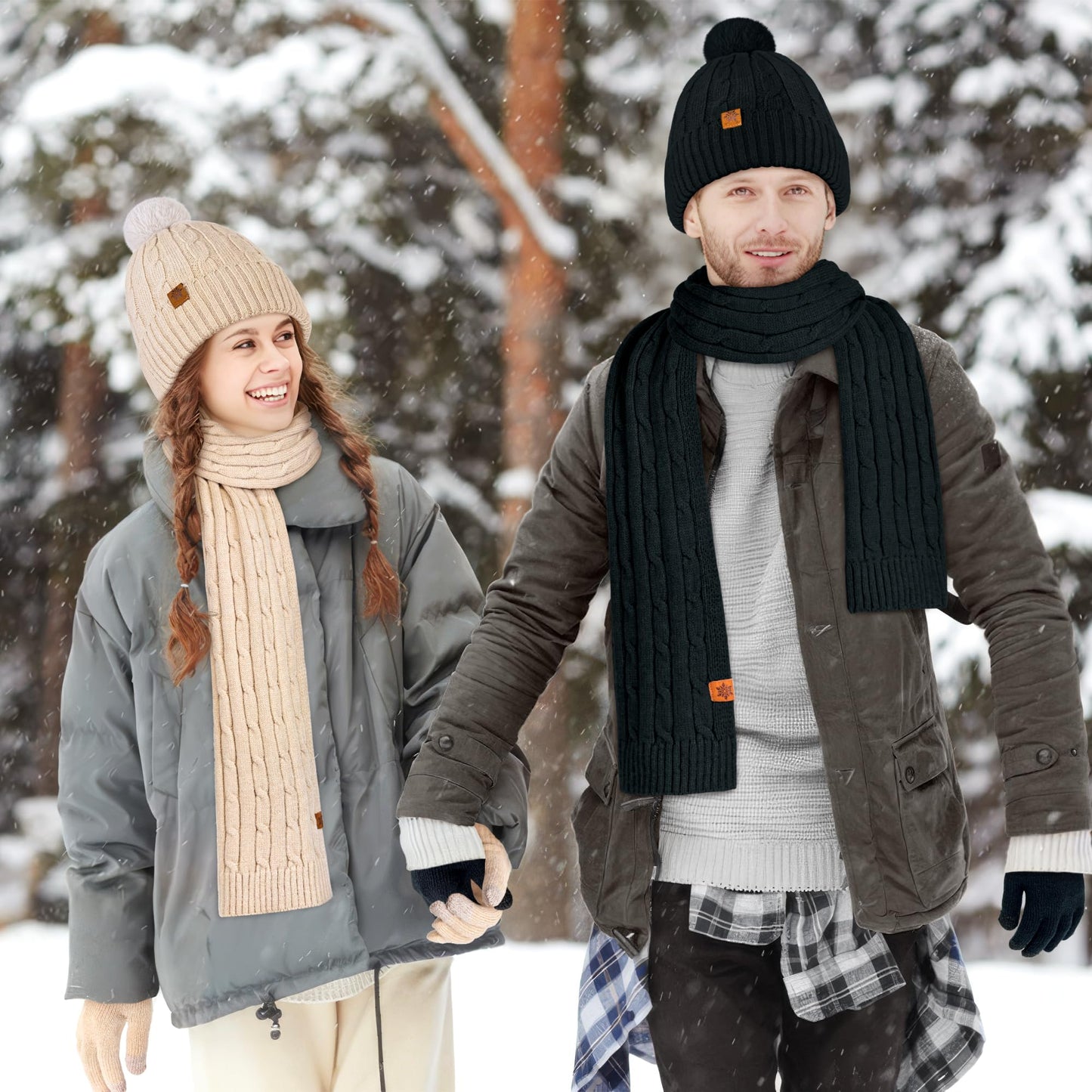 Horolam Winter Hat Scarf Gloves Set, Warm Knit Beanie Hat with Pom Pom Touch Screen Gloves for Women for Christmas Cold Weather Gifts