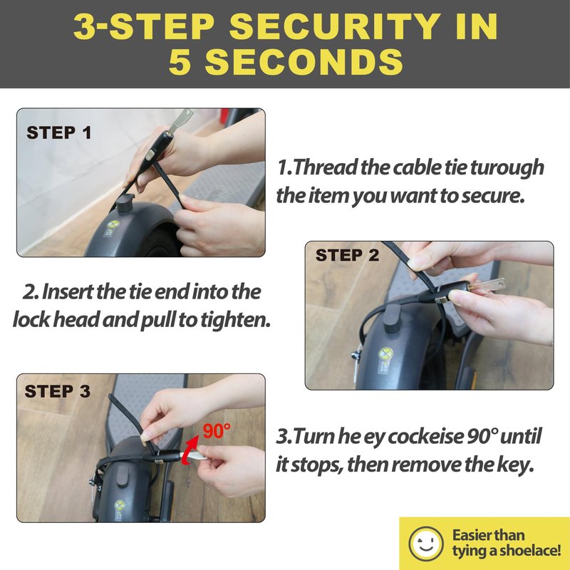 Zip Tie Lock - 3 Universal Key, 30-inch All-Weather Stainless Steel Adjustable Bike Lock, Suitable for Doors, Strollers, Suitcases, Refrigerators, and Fences (1 Pack, Black)
