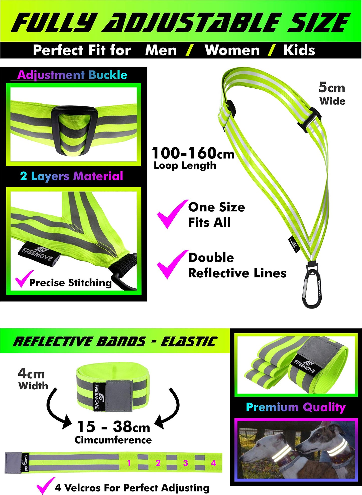 FREEMOVE Reflective SASH with 2 Reflective Arm Bands/Reflective Wristbands > Ultralight & Practical > Reflective Vest Gear for Your Visibility at Day & Night >for Dog Walking >for Women, Men, Kids