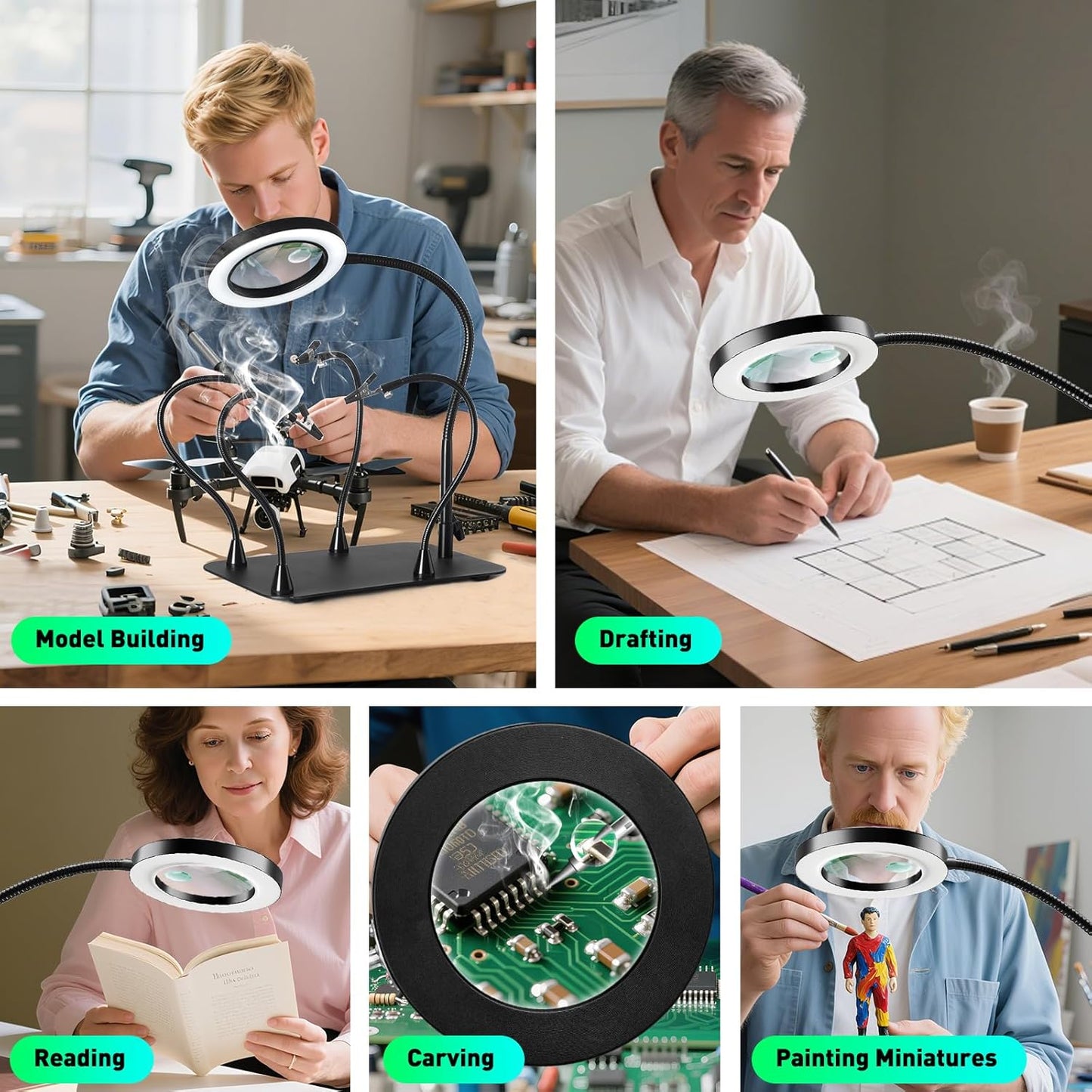 30X/12X LED Magnifying Glass with Light & Stand - Dimmable Soldering Helper for Crafts & Repairs