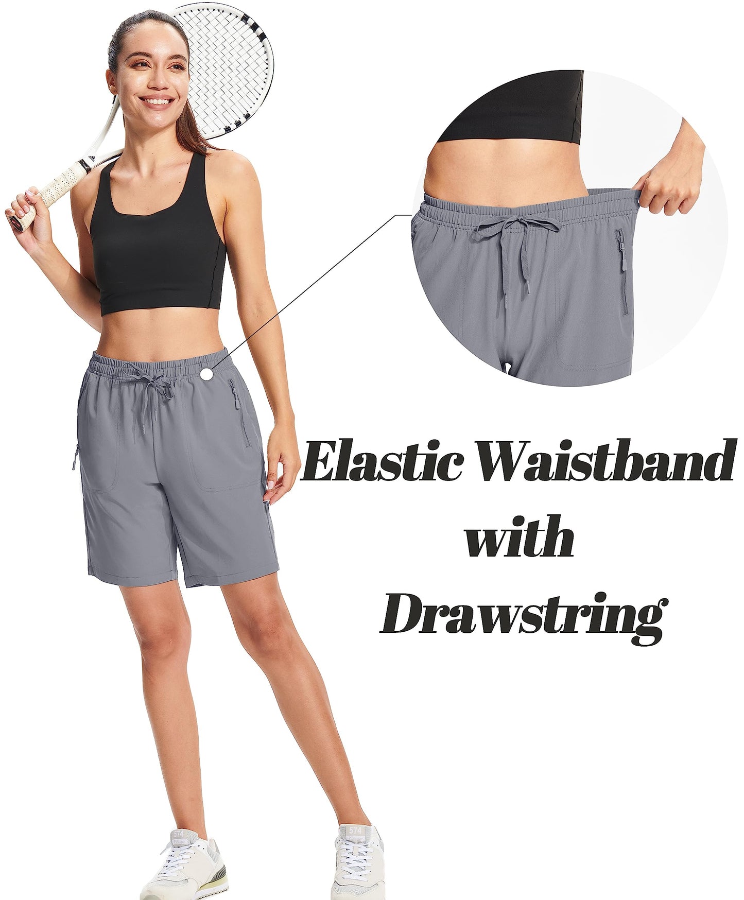 MAGCOMSEN Lightweight Hiking Shorts for Women 8" with Zipper Pockets Quick Dry Running Shorts Light Grey 2XL