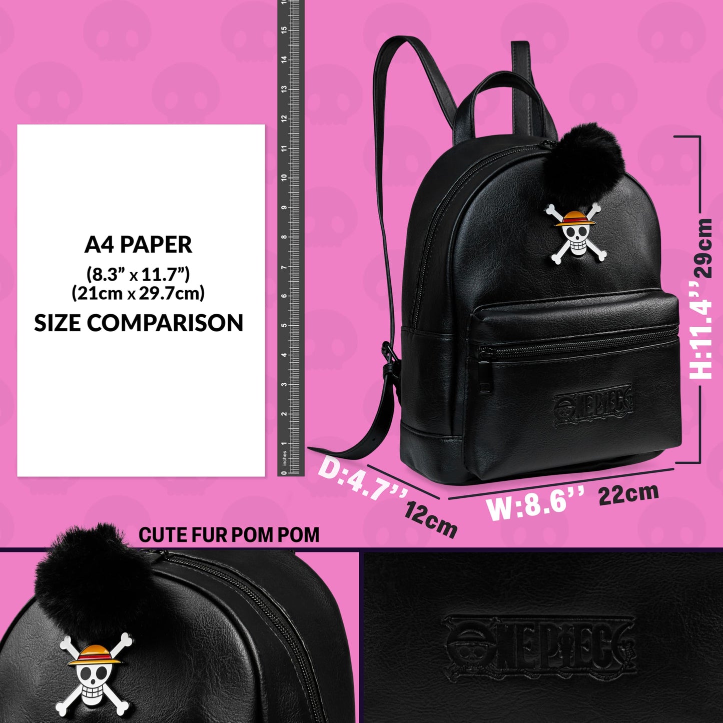 One Piece Mini Backpack for Women Teens Faux Leather Daypack, Small Rucksack, Anime Shoulder Bag with Pom Pom, Travel Gifts for Women