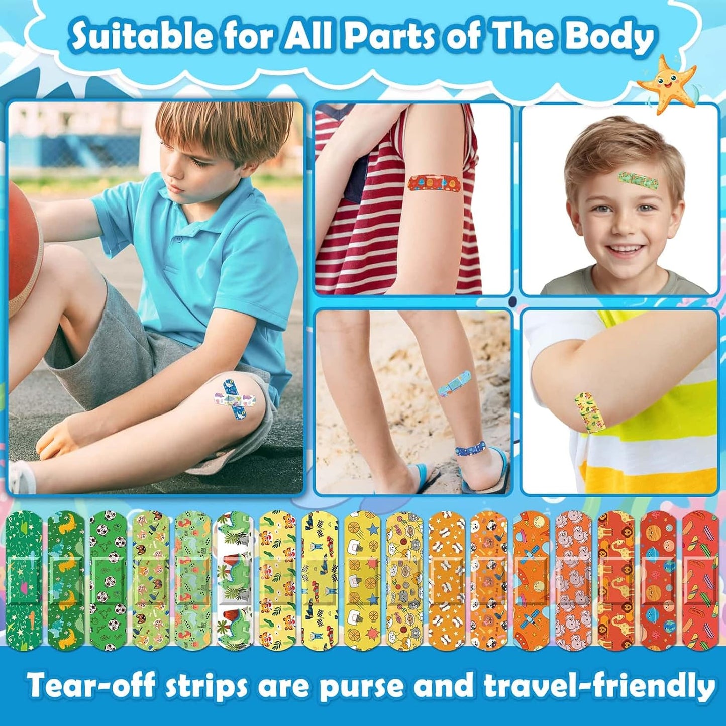 Sublaga Kids Cartoon Bandages - 300 Pcs Waterproof Adhesive Bandages for Scrapes & Cuts | Colorful & Flexible