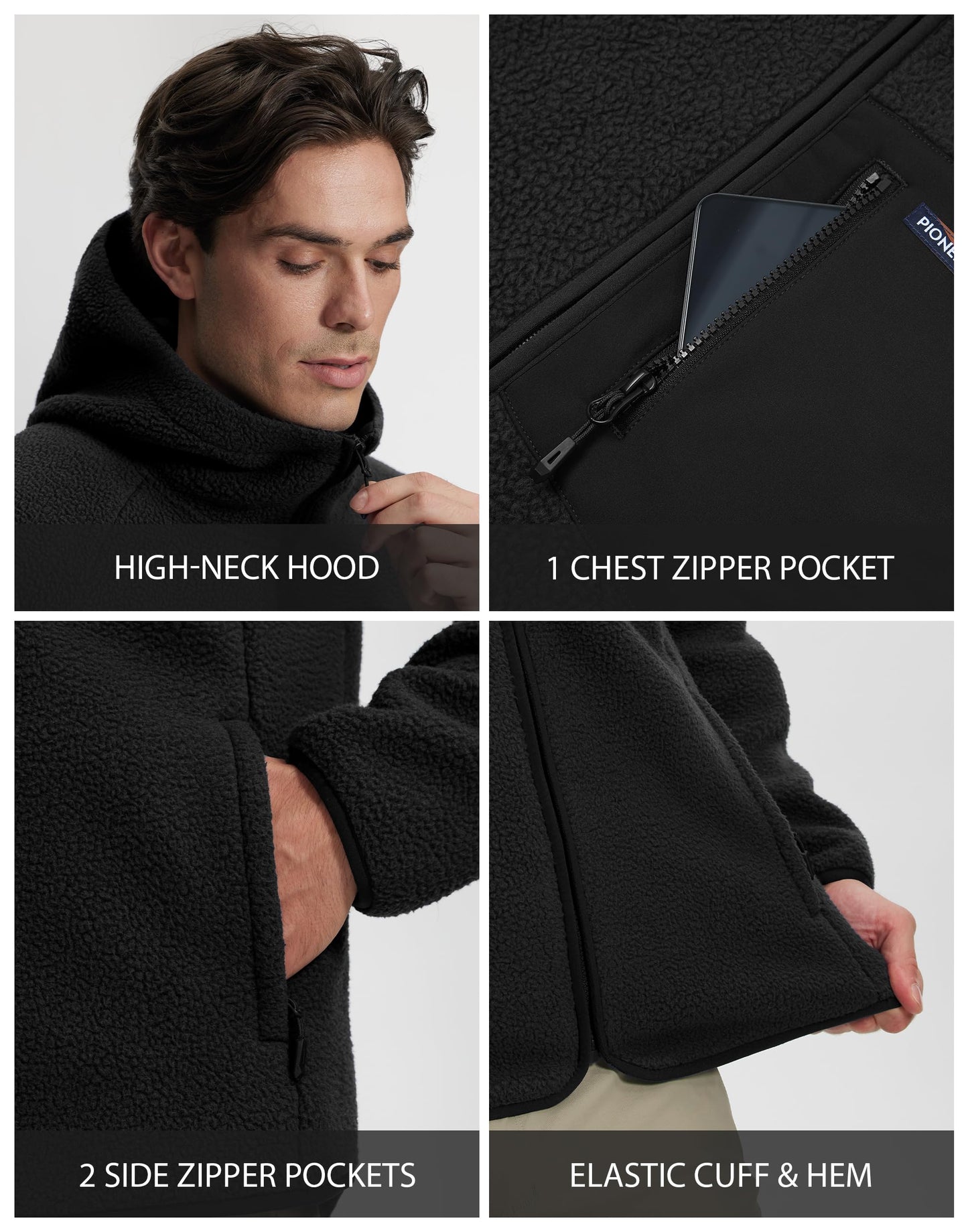 Pioneer Camp Men's Sherpa Fleece Full Zip Up Jacket with Hood Chest Pocket Winter Warm Thick Outwear Coat Hiking Climbing