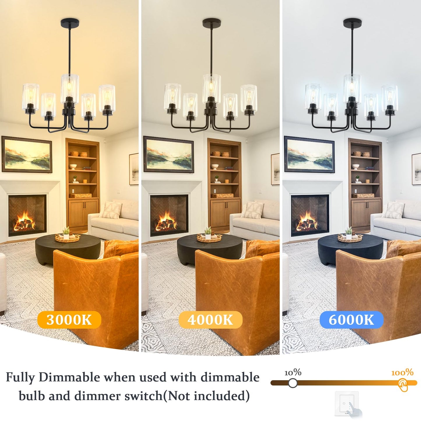 5-Light Modern Farmhouse Black Chandelier for Dining Room, 22" Industrial Pendant Light Fixture with Glass Shades, Adjustable Hanging Ceiling Lamp for Kitchen Island, Living Room, Bedroom, Foyer