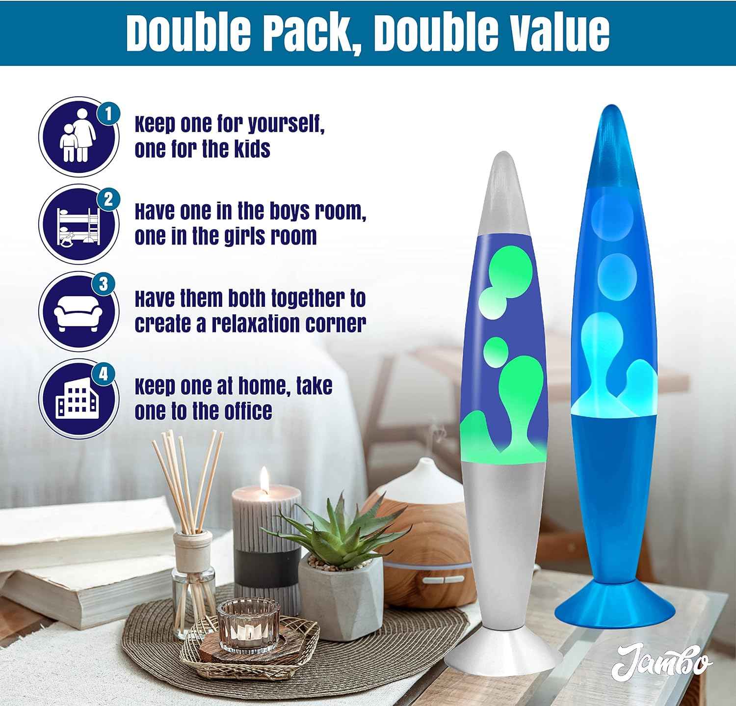 JAMBO 2-Pack 16" Liquid Lava Lamps - Silver & Blue Night Lights for Relaxation