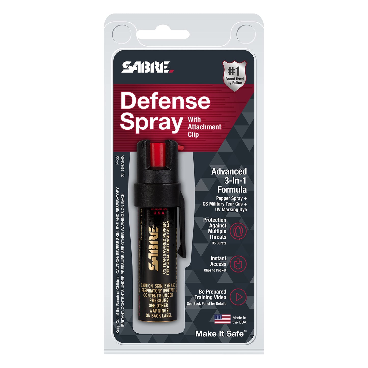 SABRE Compact 3‑in‑1 Pepper Spray, Tear Gas & UV Marking Dye Defense Spray - Maximum Police Strength OC Spray, Up to 16-ft Range, 13 Second Spray Time, Twist Lock Safety with Belt Clip, 0.75 fl oz