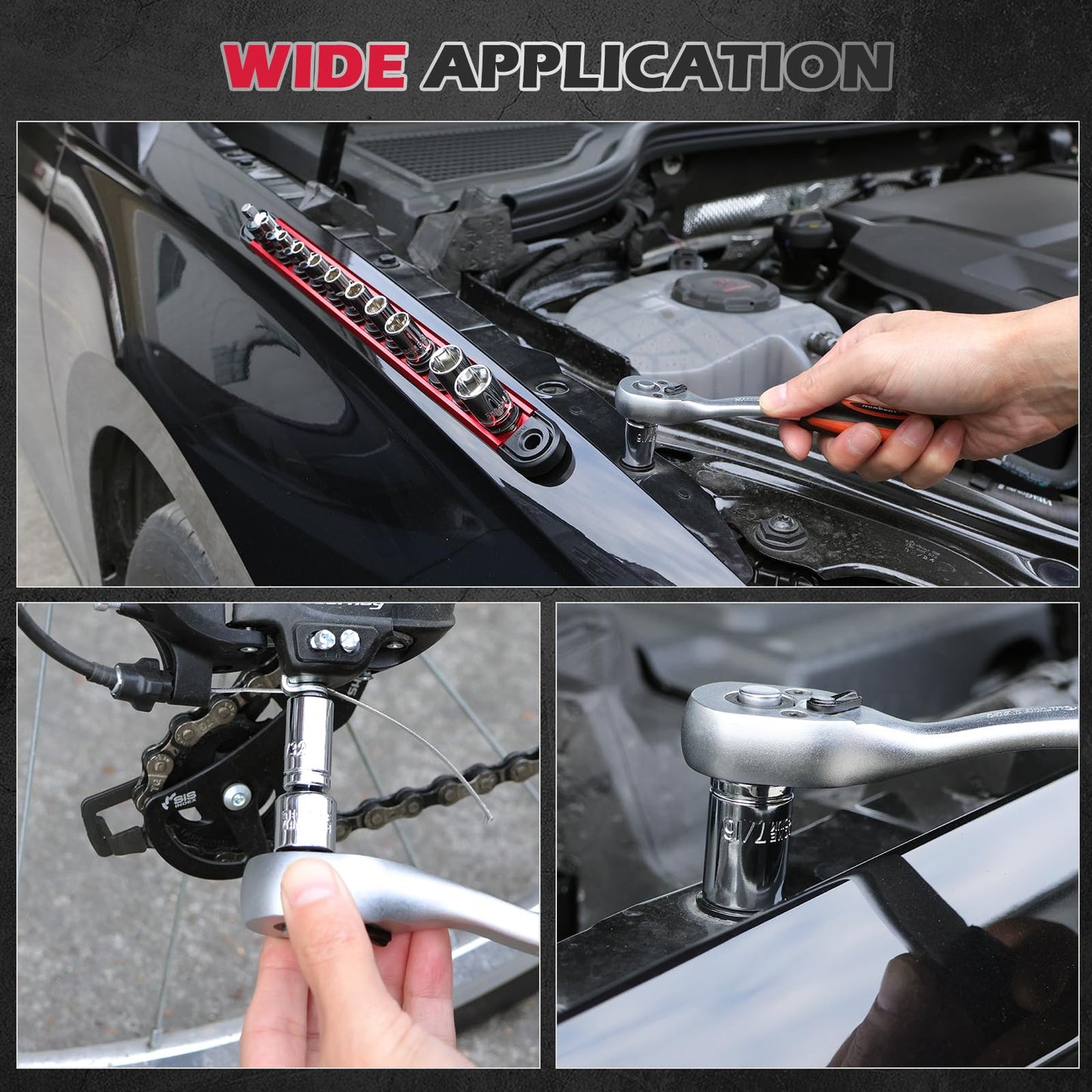 12-Piece 1/4" Drive SAE Standard Socket Set 5/32" to 9/16" with 1-Piece Magnetic Organizer Rail Rack, Premium 6-Point Shallow Socket Assortment Include a 3/8" to 1/4" Adapter