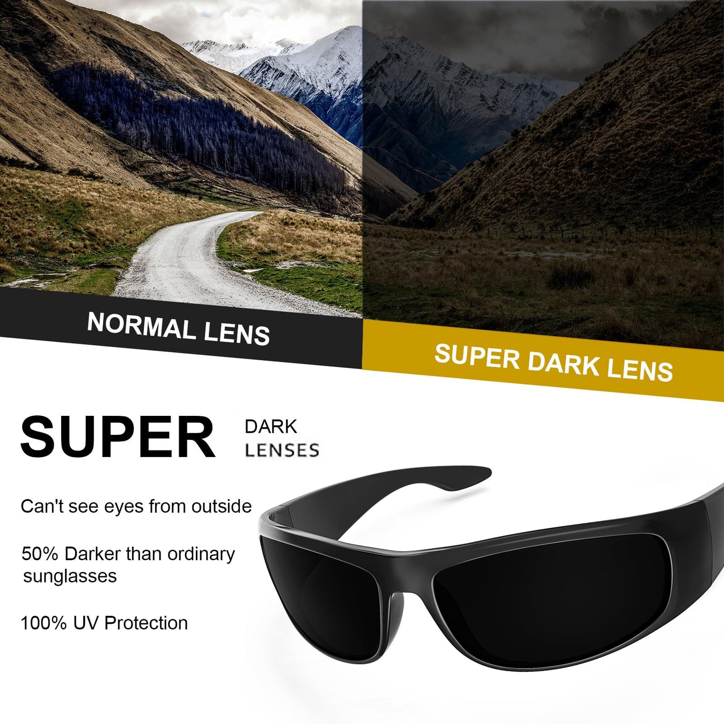 WISTON XL Wrap Around Sunglasses for Big Heads Men Women Super Dark Blackout UV400 Shades for Sensitive Eyes Sports Driving W8005 Matte Black/Dark Black