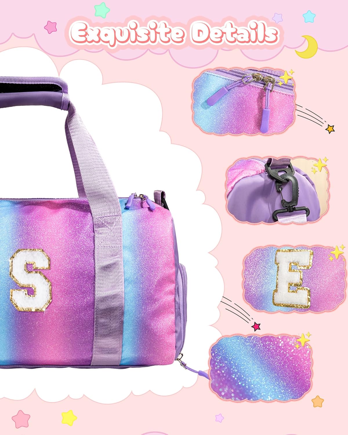 Skiennix Personalized Gym Bag for Girls - Stylish Weekender with Shoe Compartment & Makeup Pouch | Ages 4-11, Letter A