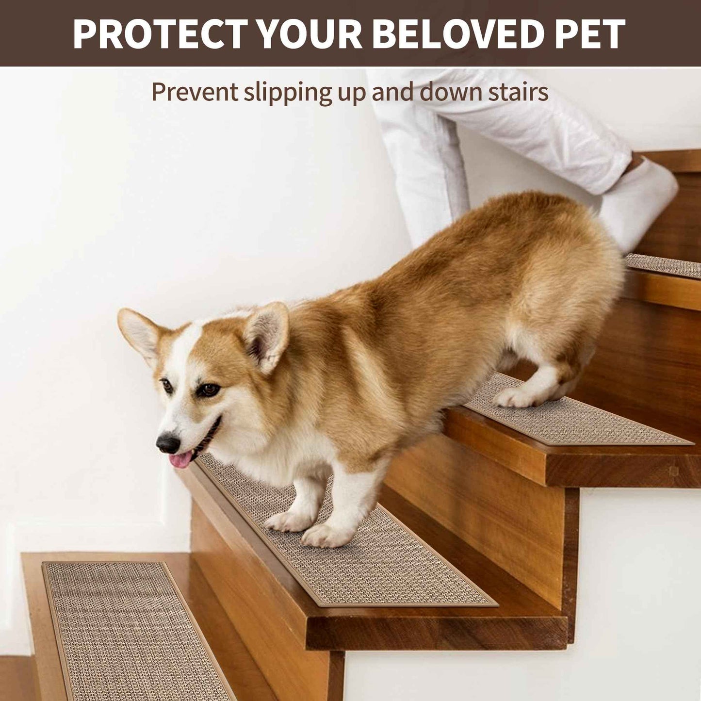 GROWLING Linen Stair Treads for Wooden Steps Indoor 30x8 inch, 4pcs Upgraded Self Adhesive Backing Non Slip Stair Carpets, Peel and Stick Stair Runner Rugs, Reusable Staircase Step Treads(Beige)