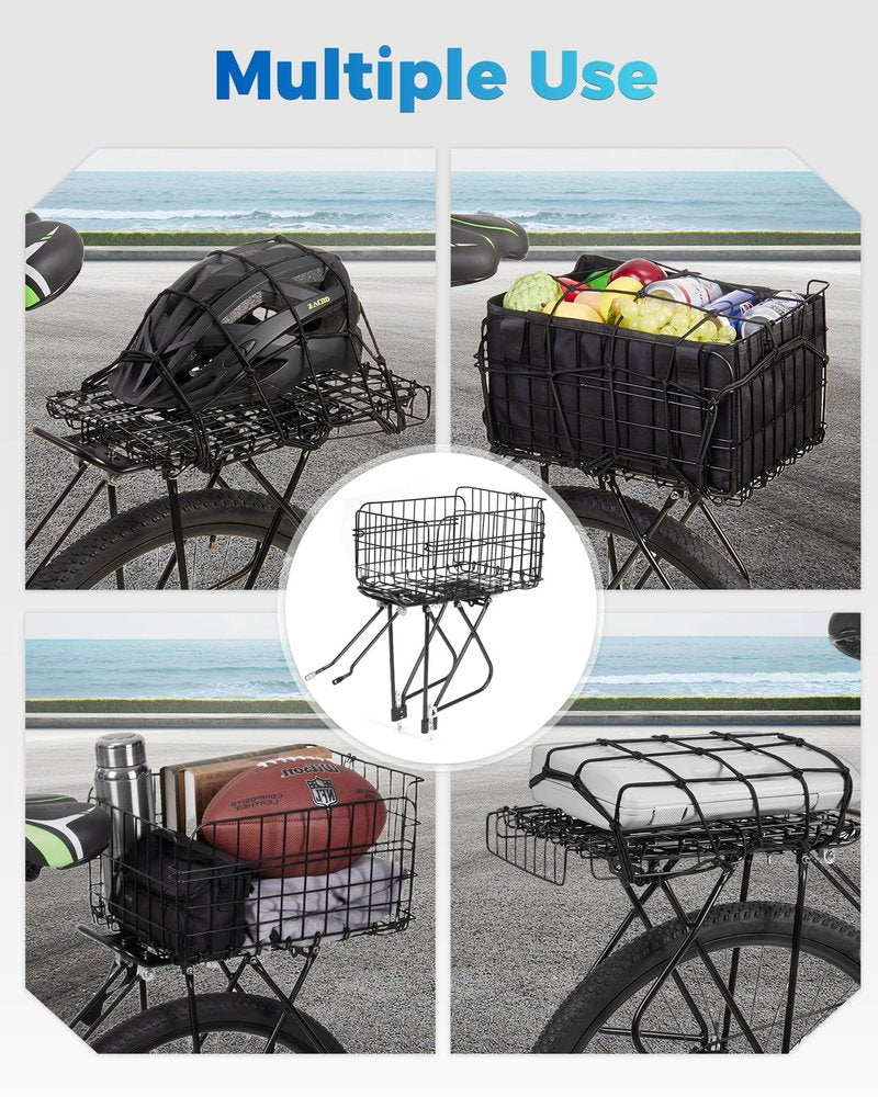 Fitense Rear Bike Rack with Basket- Bicycle Cargo Rack with Waterproof Cover, Liner and Cargo Net, Bike Storage Basket for Double - Rod axle Bikes for 26" - 29" and 700c Bikes