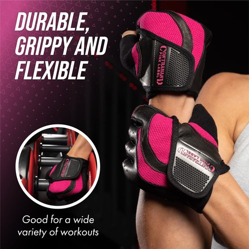 Contraband Pink Label 5437 Womens Extreme Grip Weight Lifting Gloves w/Heavy Rubber Padded Palm (Pair) - Heavy Duty Palm w/Griplock Silicone & Rubber Grip Pads for Gym Workouts (Pink, Small)