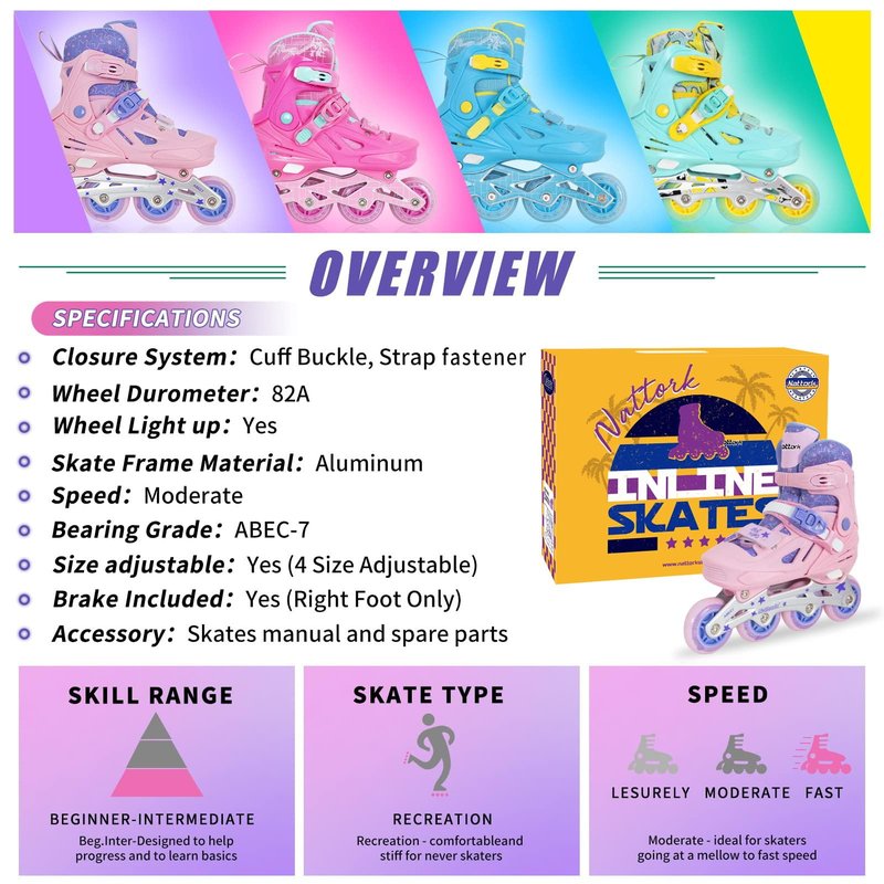 Nattork Inline Skates for Girls and Boys Kids, 4 Sizes Adjustable Inline Skates with Light up Wheels, Illuminating Beginner Roller Skates for Kids & Adult Youth Teal Age 10-12 Size 5 6 7 8