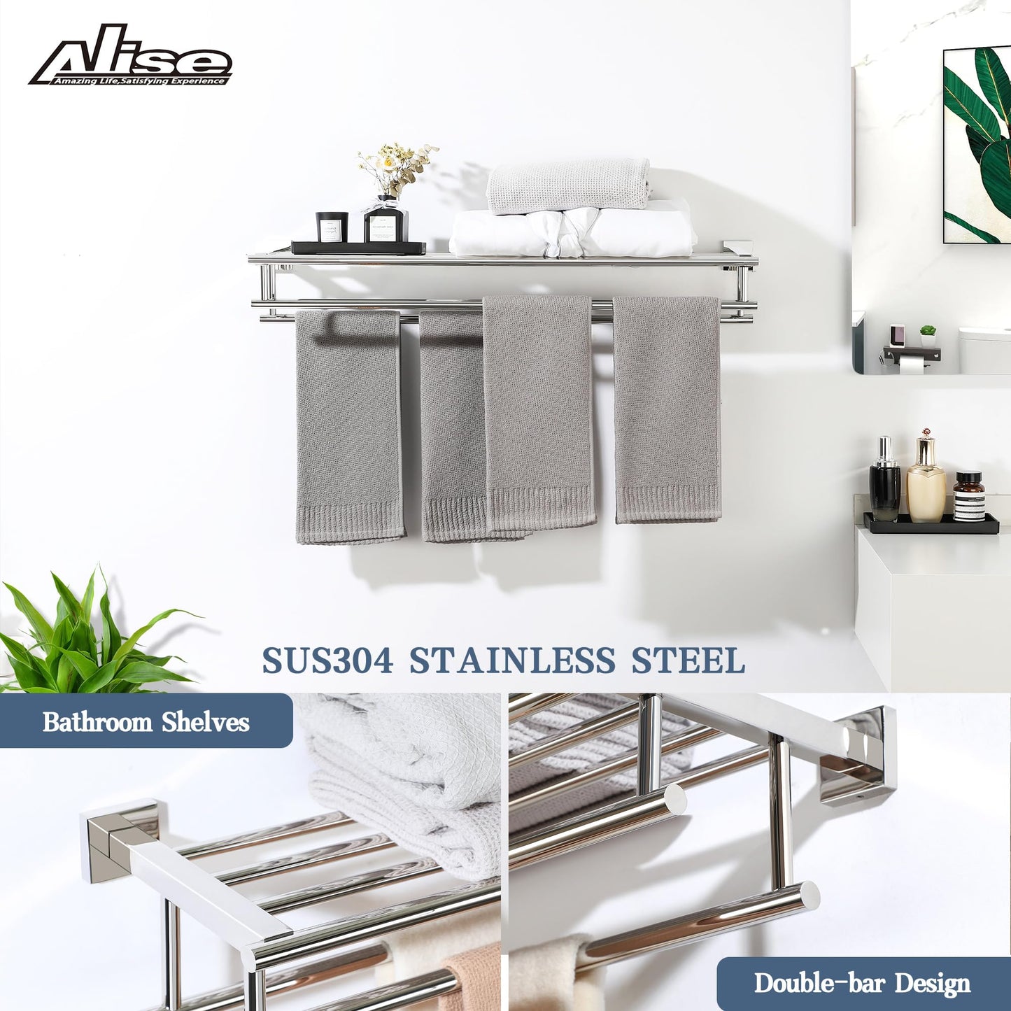 Alise Towel Rack,Towel Hanger Towel Shelf with Double Towel Bars for Bathroom Lavatory,32 Inch SUS 304 Stainless Steel Wall Mount Towel Holder,Polished Chrome