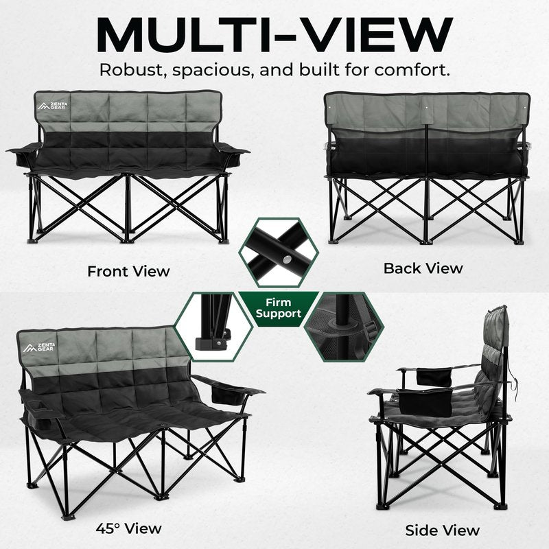 ZENTA GEAR Oversized Fully Padded Double Camping Chair, Portable Folding Loveseat w/Side & Back Pockets, Adjustable Armrests, Double-Sized Cup Holders for Outdoor, Indoor, Supports 530LBS (Black)