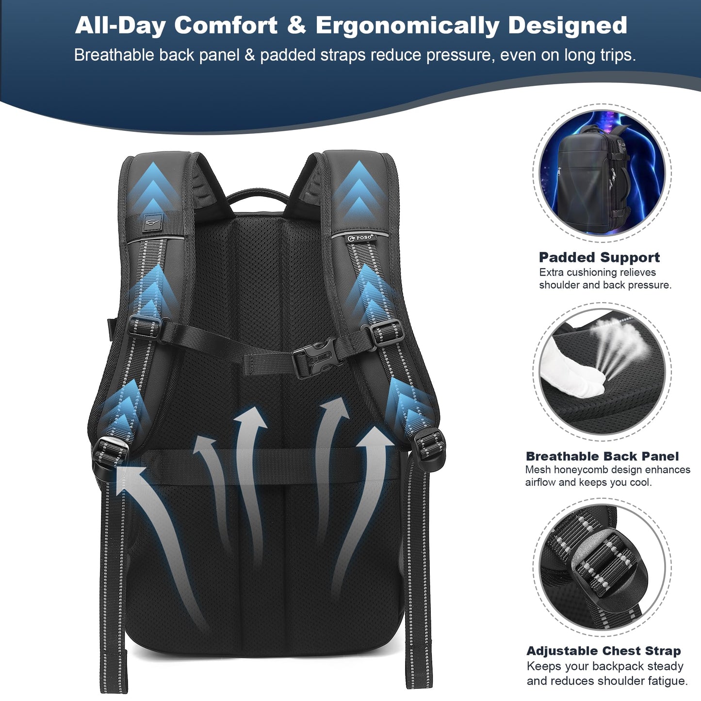 POSO P Vacuum Backpack Travel, 60L Expandable Vacuum Seal Compression Vacpack Back pack with Pump, Backpack with Vacuum System Water-Resistant Business Carry-On Vacuum Travel Backpack for Men