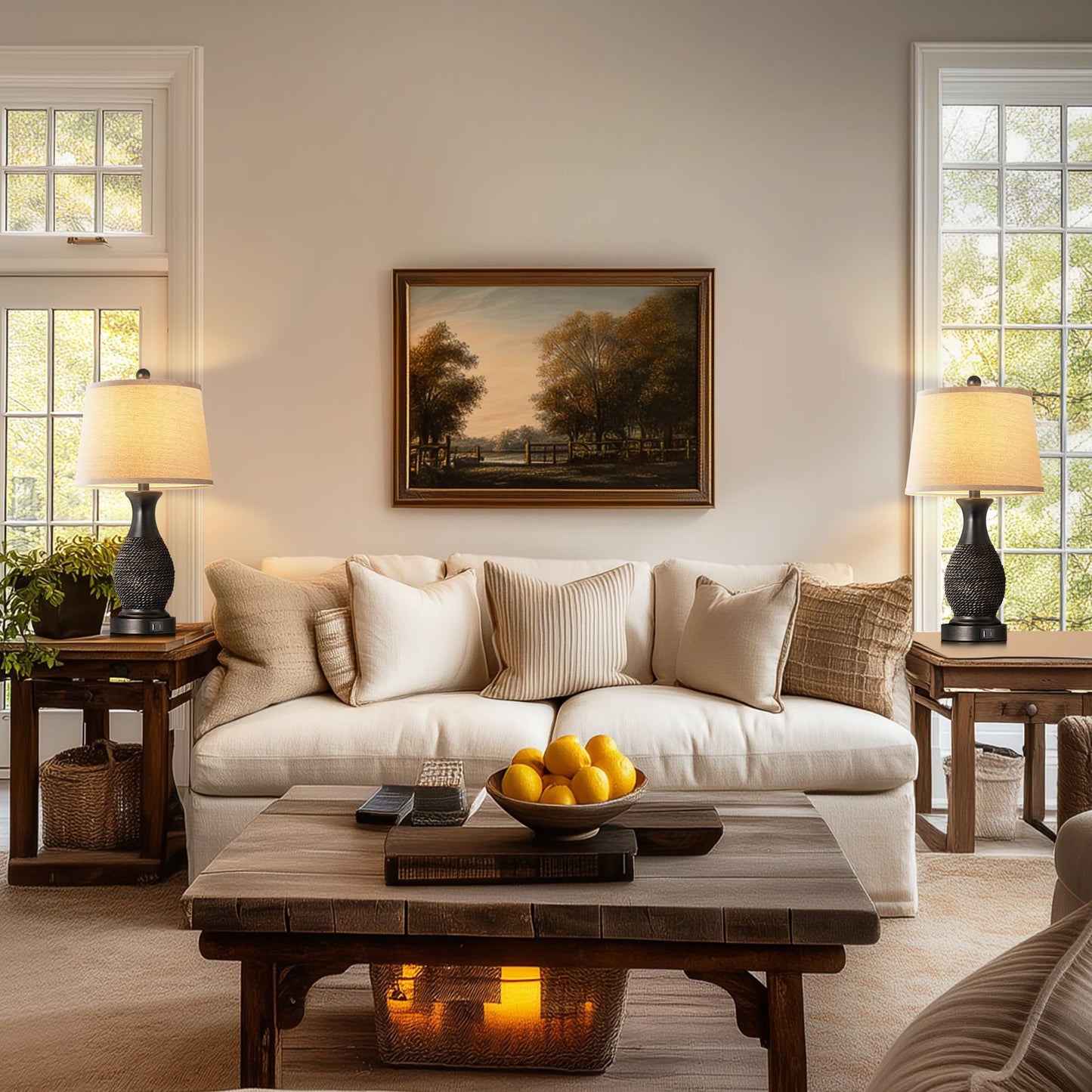 PARTPHONER Table Lamps Set of 2, Bedside Touch Lamp with USB C+A Charging Ports, Side Table Lamp with Linen Fabric Shade (LED Bulbs Included), Black with Gold Accents