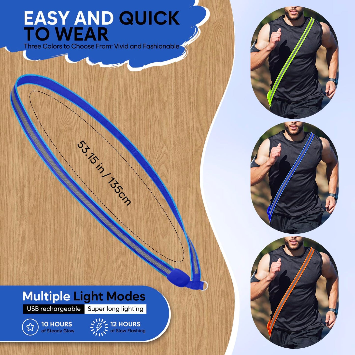 LED Reflective Running Sash for Men & Women – Rechargeable Flashing Safety Light for Night Jogging, Cycling, Hiking, Walking – High Visibility Reflective Gear (Blue)