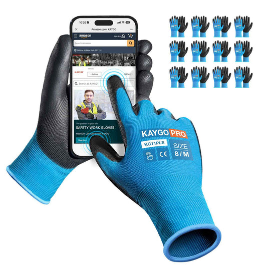 KAYGO Safety Work Gloves PU Coated for Men and Women, KG11P 12 Pairs Seamless Knit Glove with Two Fingers Touchscreen,Ideal for General Duty Work (Blue,M)