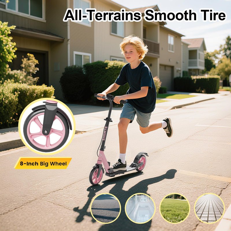 SIMATE Kick Scooter for Kids Teens & Adults, 4 Adjustable Heights, 8IN All Terrain Big Wheels, Dual Brakes & Dual Suspension, Foldable and Lightweight, Gifts for Girls Boys
