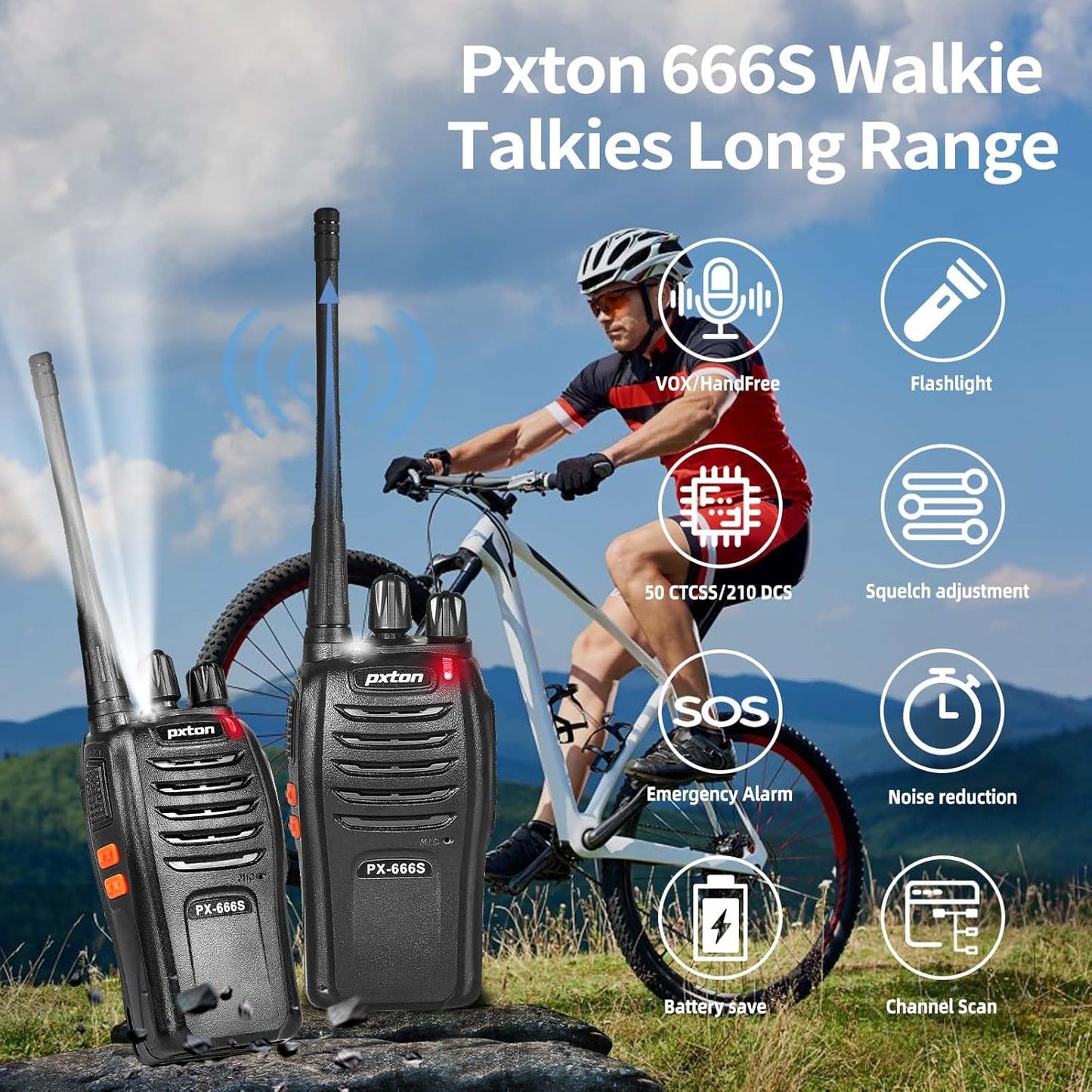 Pxton Walkie Talkies - 666S Long Range Rechargeable Two-Way Radios with Headphones | VOX, Noise Reduction & Flashlight (2 Pack)