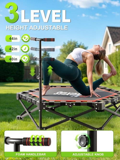 Foldable Mini Trampoline by [Brand Name] - 450lb Capacity Fitness Rebounder with Adjustable T-Bar | Non-Slip Pad for Home or Gym Workouts