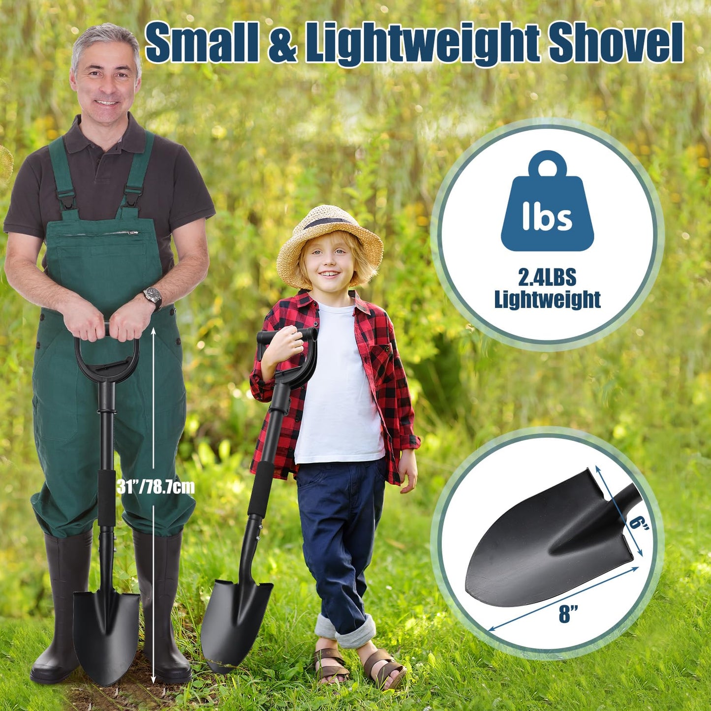 31" Compact Garden Shovel with D-Grip Handle - Rust-Proof Lightweight Metal Tool for Raised Beds, Tight Spaces & Emergency Use (Kids/Adults Friendly), Black