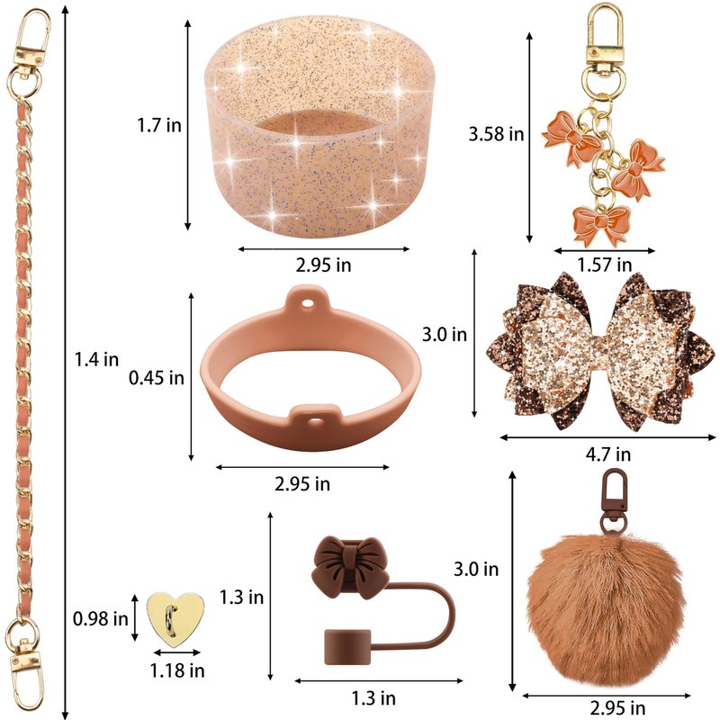 SEMATA Bling Accessories for Stanley Cup 40oz & 30oz Tumbler including Silicone Cute Bow Straw Topper Cover, Silicone Boot for Stanley Cup,Leather Water Bottle Handle Strap, Charms(Brown)