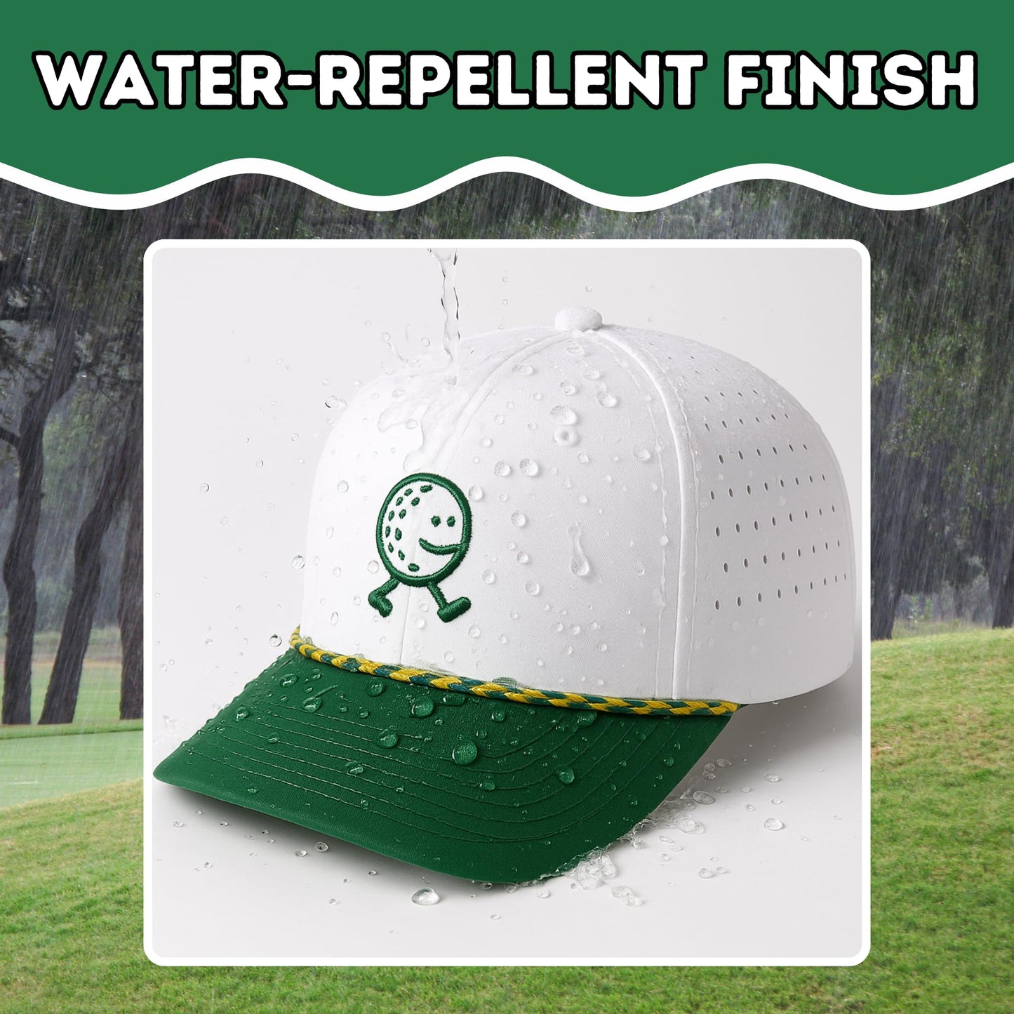 HahaHome Funny Golf Hat, Walking Golf Ball Rope Hat - Fun Golf Hat with White & Green Snapback Golf Cap - Embroidered Logo, Breathable Perforated Sides, Water Resistant Coating, Adjustable Fit