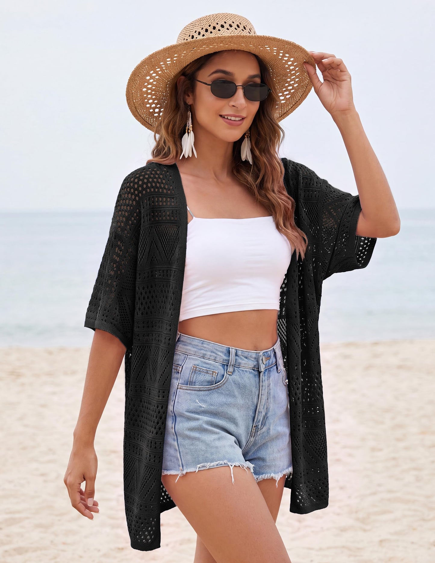 GRACE KARIN Short Sleeve Black Cardigan for Women Summer Lightweight Plus Size Crochet Knit Sweaters Spring Cardigan L