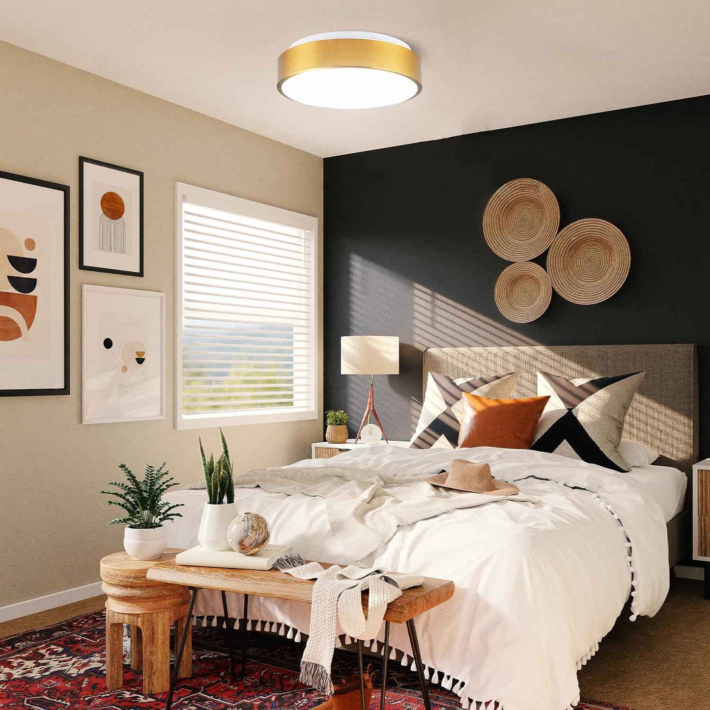 Wheatronic Gold Ceiling Light Flush Mount, LED Light Fixture 24W, Round Dimmable Flush Mount 5CCT for Bathroom, Living Room, Bedroom