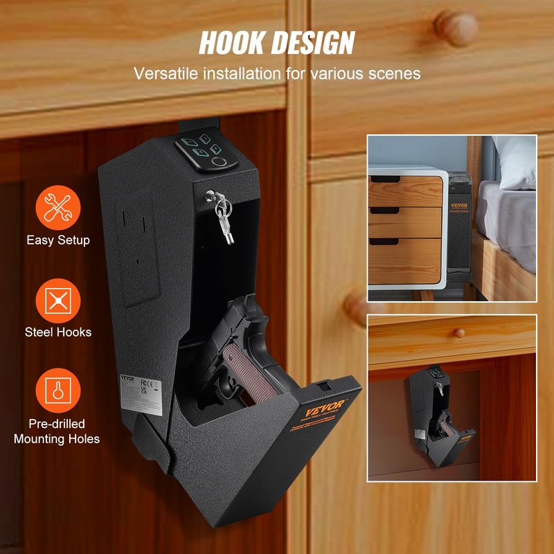 VEVOR Gun Safe for Pistols, Biometric Gun Safe with Three Quick Access Ways of Fingerprints, Passwords and Keys, Handgun Safe for 1 Pistol for Home, Bedside, Nightstand, Wall