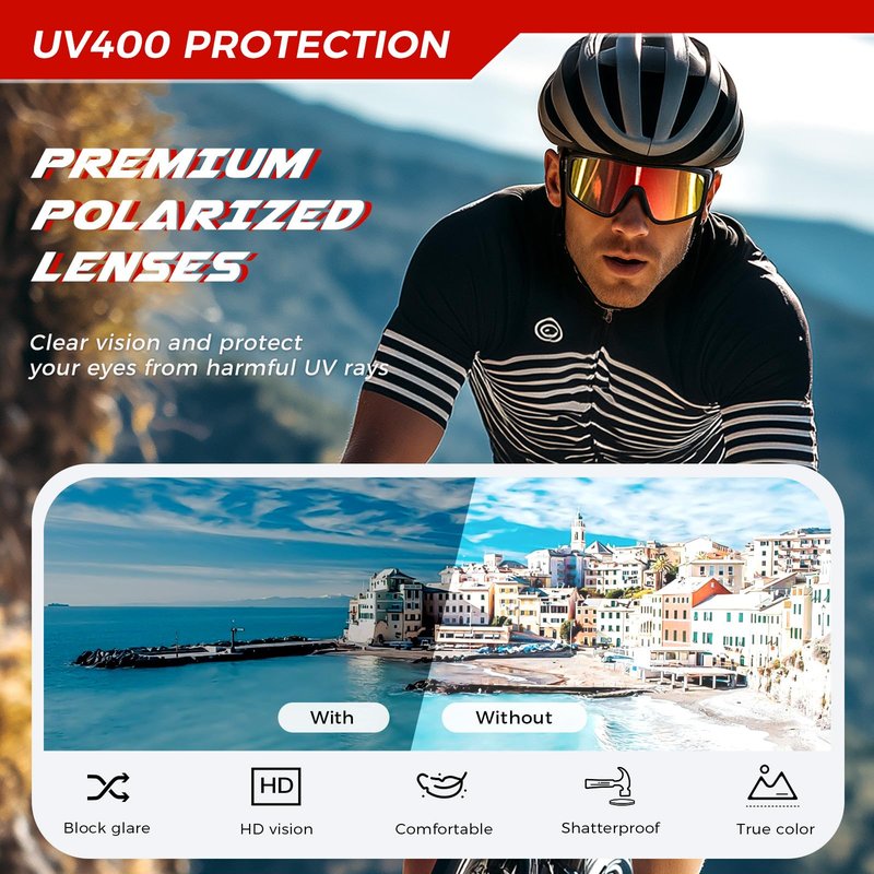 SUANGIT Polarized Cycling Sunglasses for Men Women Red Sports Running Bike Shades UV Protection Goggles (Matte Black Frame/Red Mirror Lens)
