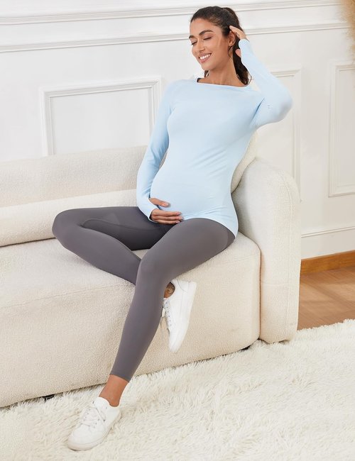 MathCat Seamless Maternity Shirts - Long Sleeve Athletic Tops for Pregnancy | Casual Yoga Tee