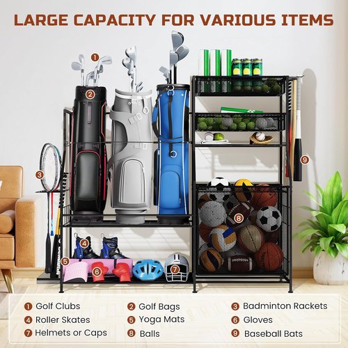 Garage Sports Equipment Organizer - Heavy-Duty Golf Bag Storage Stand with Basket & Hooks | Space-Saving Design for Indoor/Outdoor Use