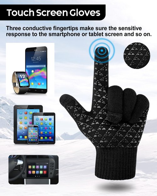 Senker Fashion Winter Hats Scarf and Gloves Set for Men Women, Slouchy Beanie Cap Neck Warmer Screen Touch Gloves Gifts Black