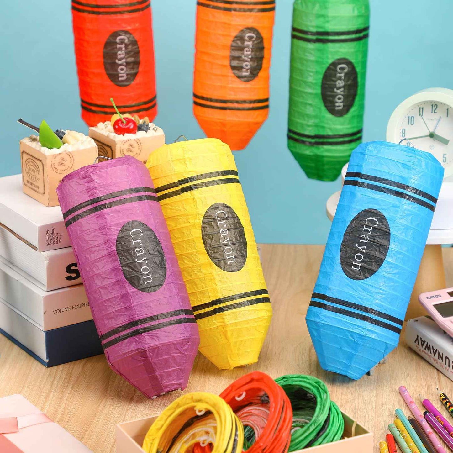 Retisee 12 Pcs Crayon Hanging Paper Lanterns for Teacher Party Decorations, Teachers' Day Classroom School Art Ceiling Decor, School Birthday Supplies (10 Inch)