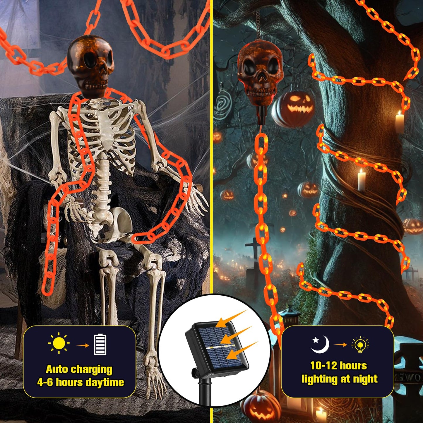 X-GiftKey Halloween Decorations Outdoor Solar Skull Chain Lights,Light up Scary Skull with Orange Props Chain,for Skeleton Dog,8 Modes Lighted Halloween String Lights for Yard/Patio,Creepy Party Decor