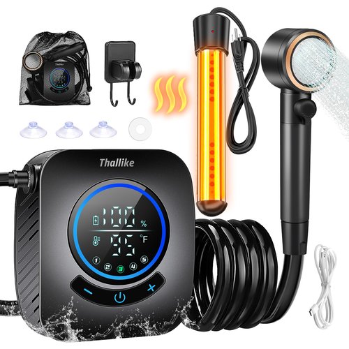 Upgraded Portable Shower with Heater, 1500W Immersion Heated, 8000mAh Rechargeable Camping Shower Pump with LED Display, IPX8 Waterproof Lightweight Outdoor Shower Pump Kit for Hiking