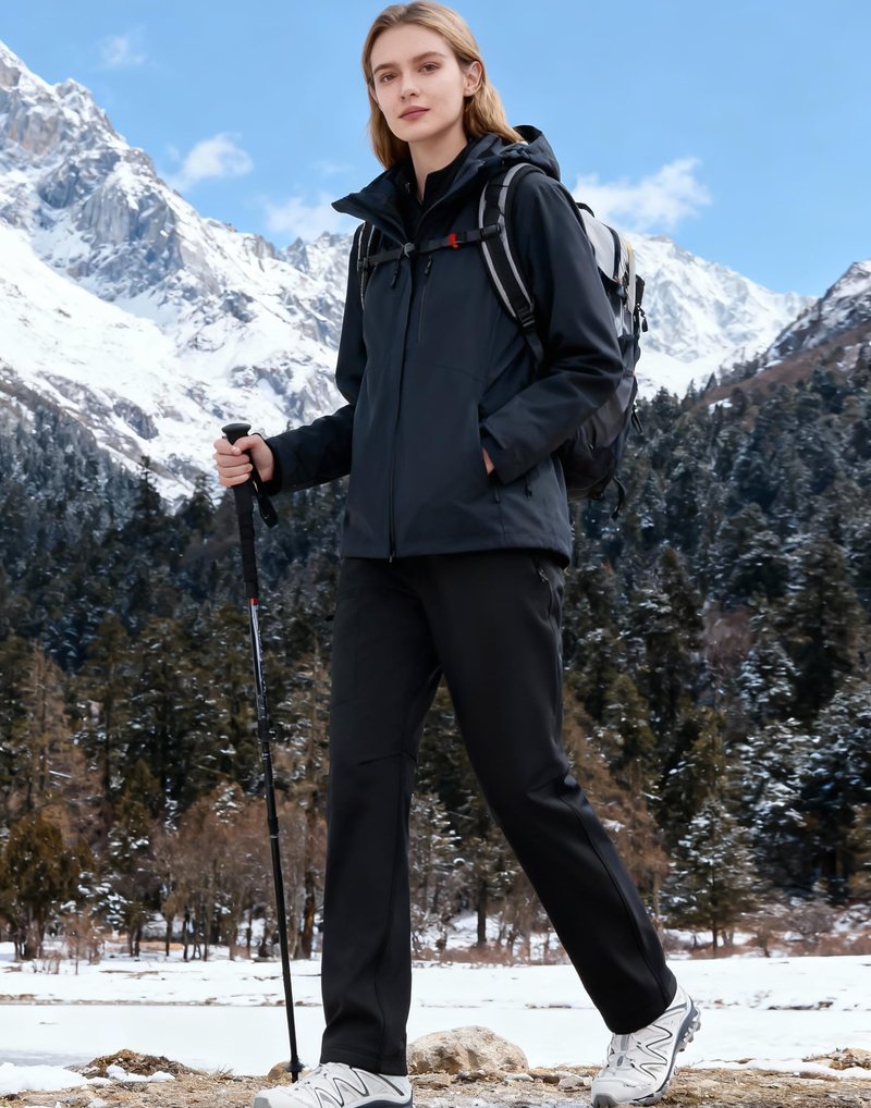 Pioneer Camp Women's Hiking Pants Fleece Lined Cold Weather Windproof Water Repellent Insulated High Waist Snowboarding Pants, Black, XL