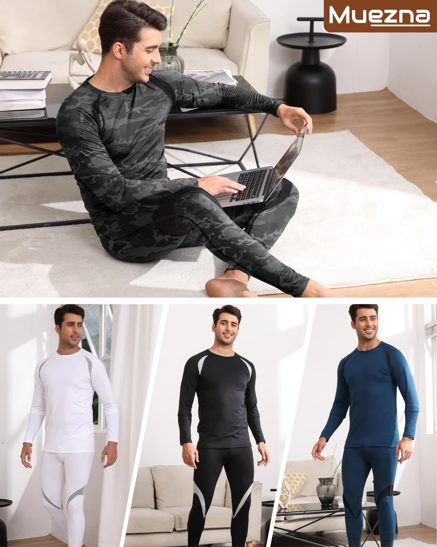 Muezna Men's Thermal Top and Bottom Set Underwear Long Johns Base Layer with Soft Fleece Lined - Grey Camo, Large