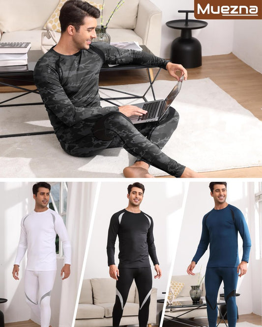 Muezna Men's Thermal Top and Bottom Set Underwear Long Johns Base Layer with Soft Fleece Lined - Grey Camo, Large