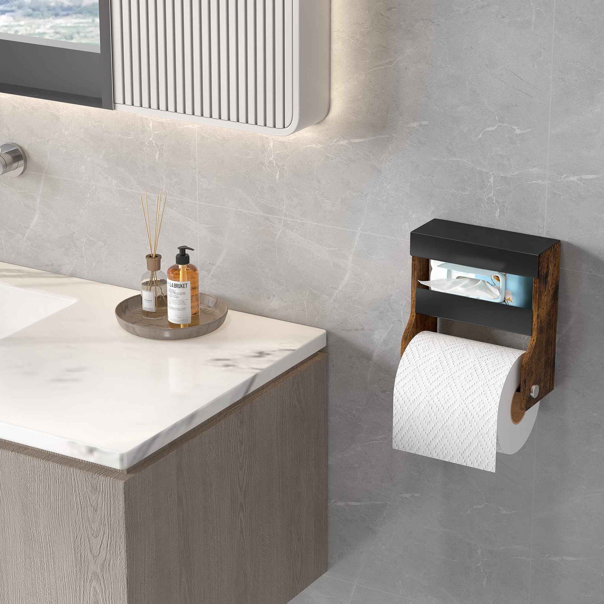 TQVAI Toilet Paper Roll Holder Wall Mounted Self Adhesive No Drill Magnetic Toilet Paper Storage with Wipes Holder for Bathroom, Restroom, Kitchen, Regular Super Double Mega Roll - Vintage/Black