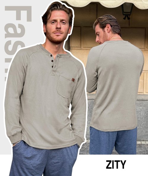 ZITY Long Sleeve Henley Shirts for Men Casual Waffle Thermal Fashion Pullover 3-Button T-Shirt with Pocket,Pumice Stone Gray XL