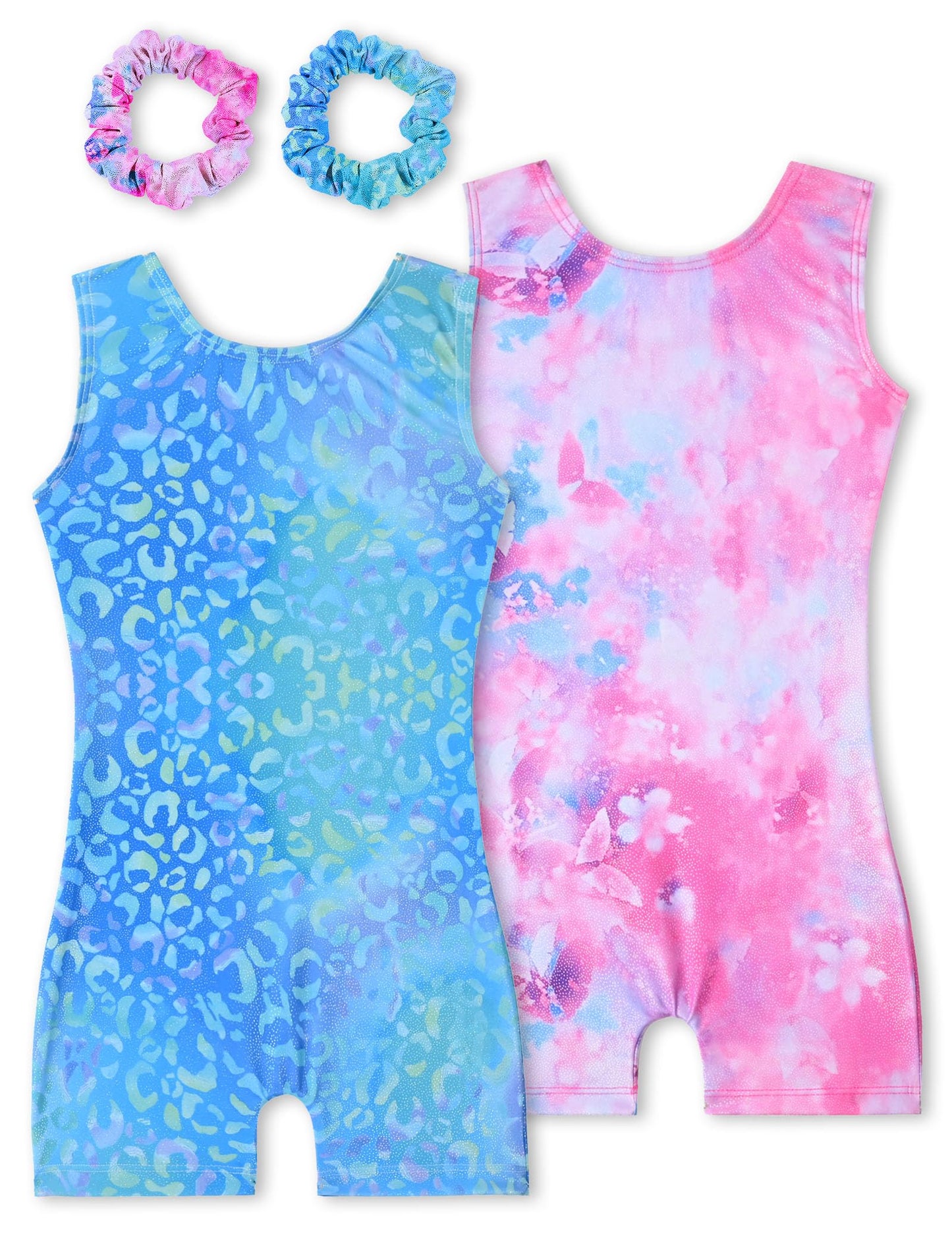 Tstiti Gymnastics Leotards for Girls 2 Pack Sparkly Kids Biketards Dance Unitards Matching Hair Scrunchies