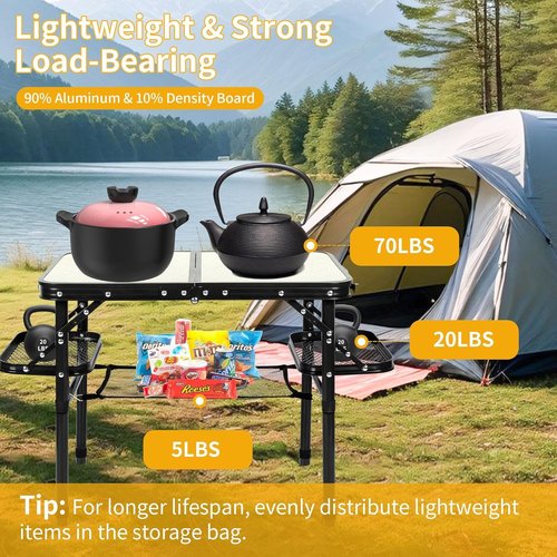 koldan Folding Camping Table Outdoor Indoor Picnic BBQ Aluminum Lightweight Tall Camping Table 3-Height Adjustable 25in Max 50 Extra Space with Carry Handle & Mesh Pocket Small Foldable Table