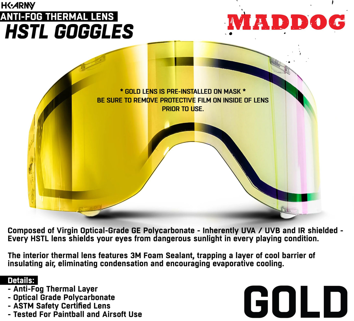 Maddog HK Army HSTL Paintball Airsoft Mask Goggle System | Replaceable Thermal Dual-Pane Anti Fog Lens | Adjustable Full-Face Safety Certified Protection - Black with Gold Lens