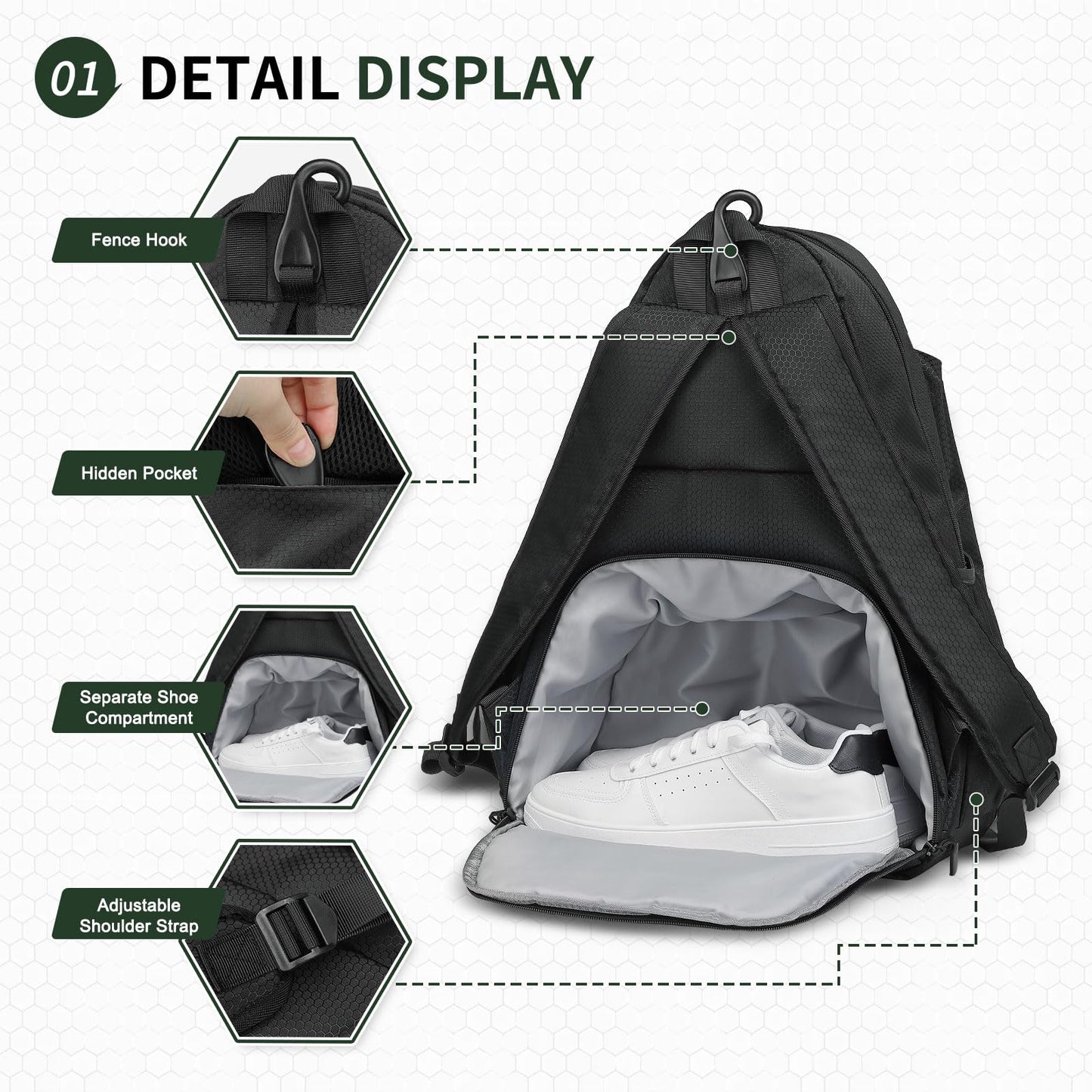 SUIKIHUM Tennis Backpack for 2 Rackets, Waterproof Tennis Bag with Shoe Compartment, Wet/Dry Pocket, Fence Hook, for Tennis, Pickleball, Badminton, Black